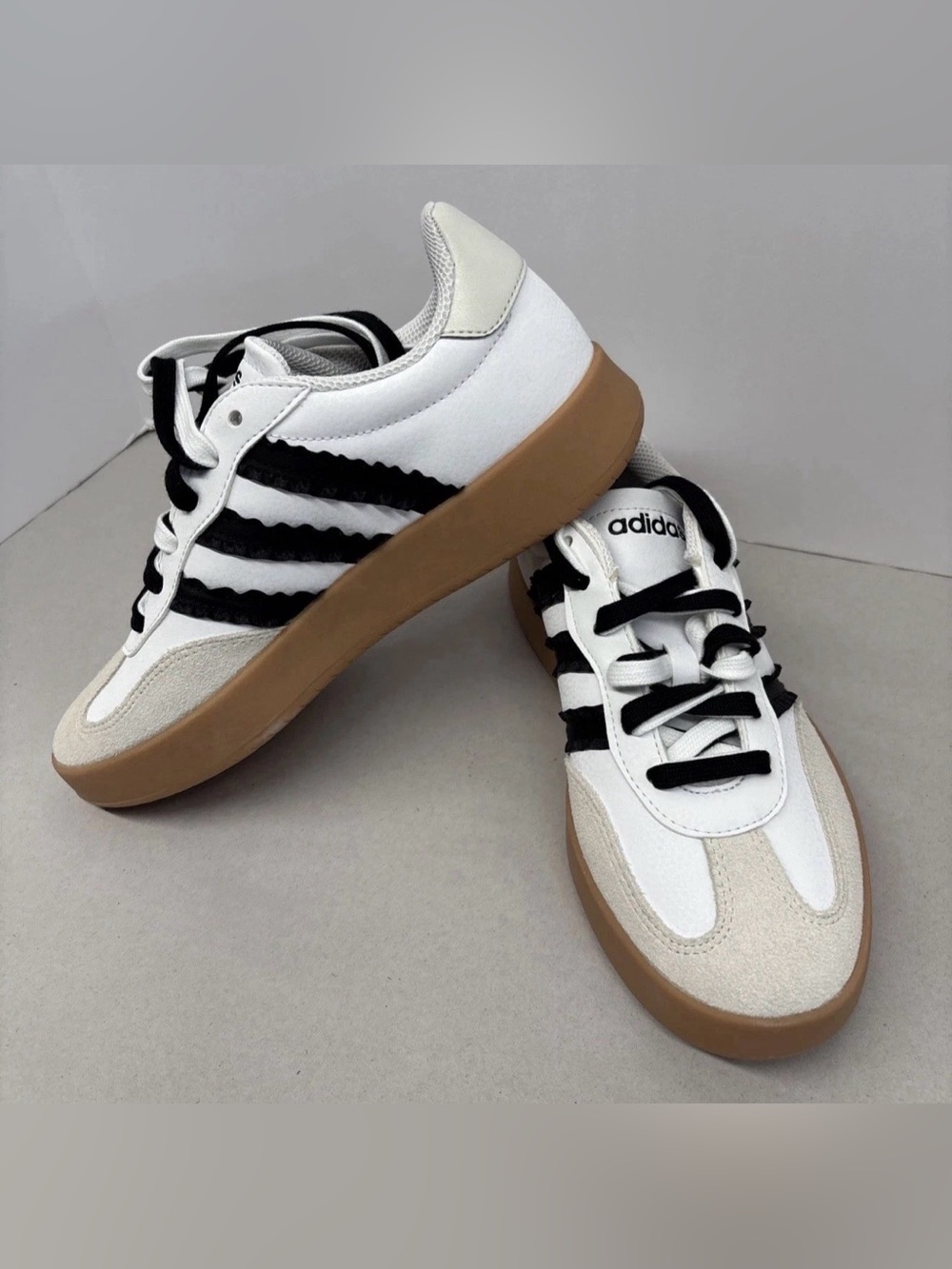 adidas White Sneakers with Black Stripes and Gum Sole